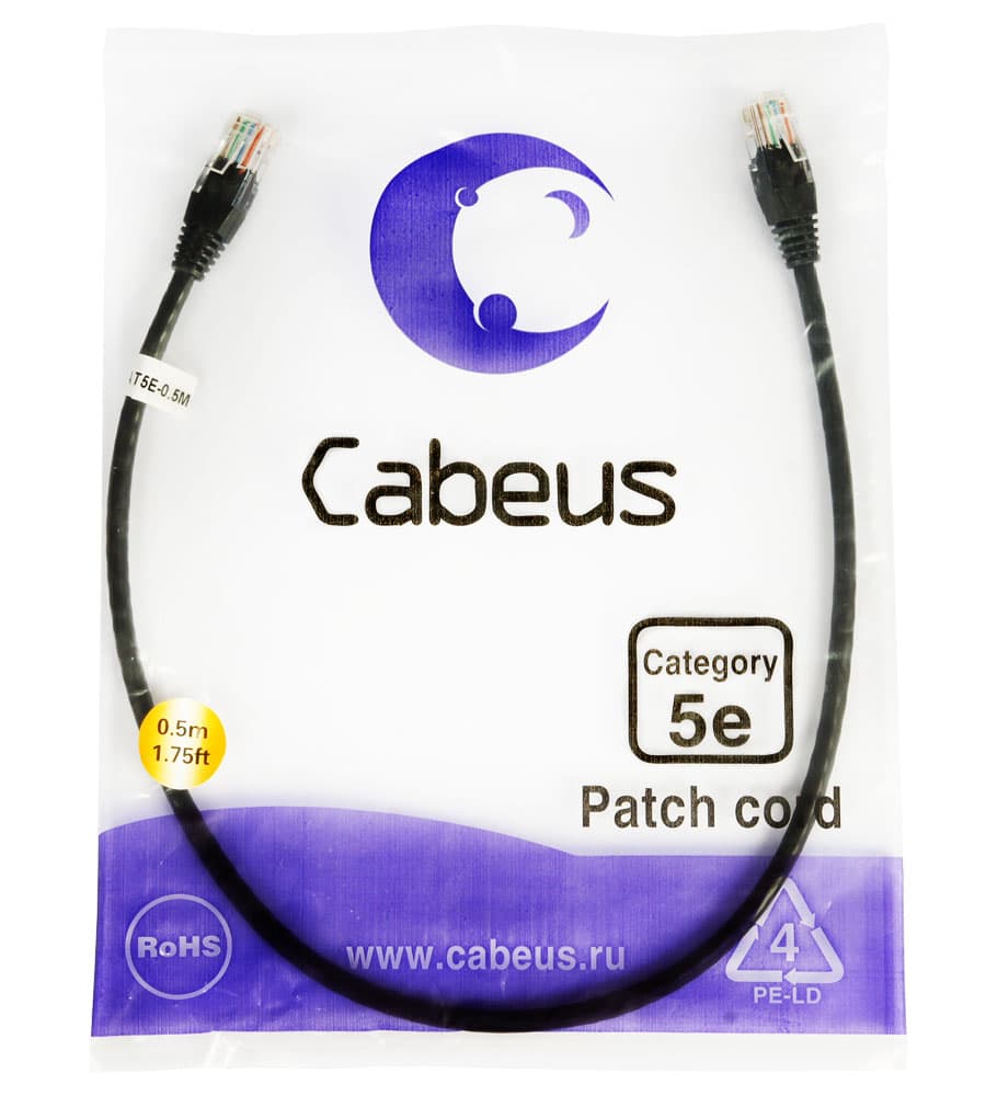 Cabeus PC-UTP-RJ45-Cat.5e-0.5m-BK