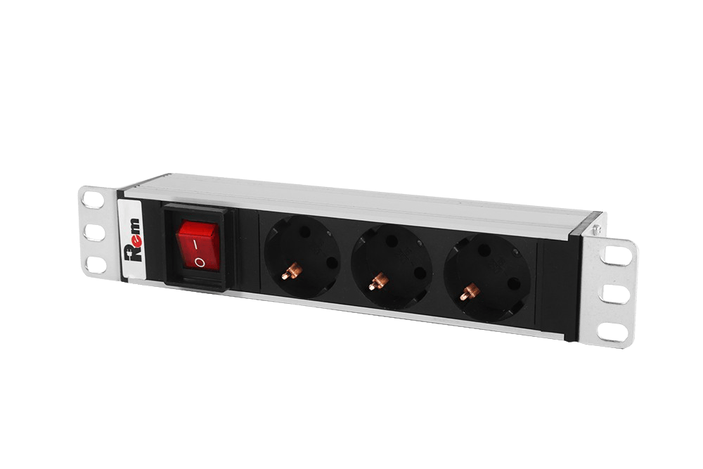 Блок розеток Rem-10 без шнура с выкл., 3 Sсhuko, вход IEC 60320 C14, 10A, алюм., 10"