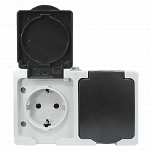 Венеция Розетка 2-местная 16А с заземлением с крышкой IP54 серый с защ. штор. EKF