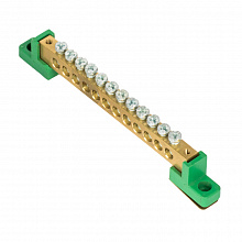 Шина "0" PE 8x12мм 12 отверстий латунь с контактной пластиной 2 зелёных угловых изолятора Шина "0" PE 8x12мм 12 отверстий латунь с контактной пластиной 2 зелёных угловых изолятора