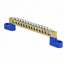 Шина "0" N (6x9мм) 14 отв. латунь 2 синих угловых изолятора EKF