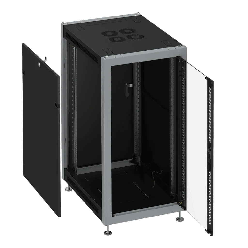 RUSRACK RSRO-370806 Шкаф монтажный телекоммуникационный 19" напольный 37U 600x800x1780mm (ШхГхВ) передняя дверь стекло, задняя дверь металл, поворотная ручка с замком, цвет черный