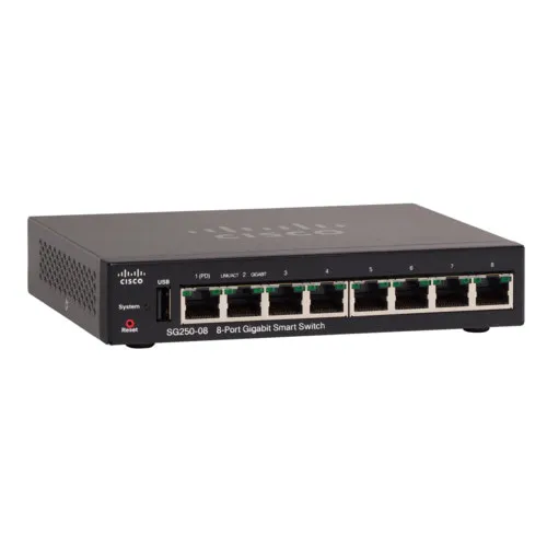 Коммутатор Cisco SG250-08 SG250-08-K9-EU (1000 Base-TX (1000 мбит/с), Без SFP портов)