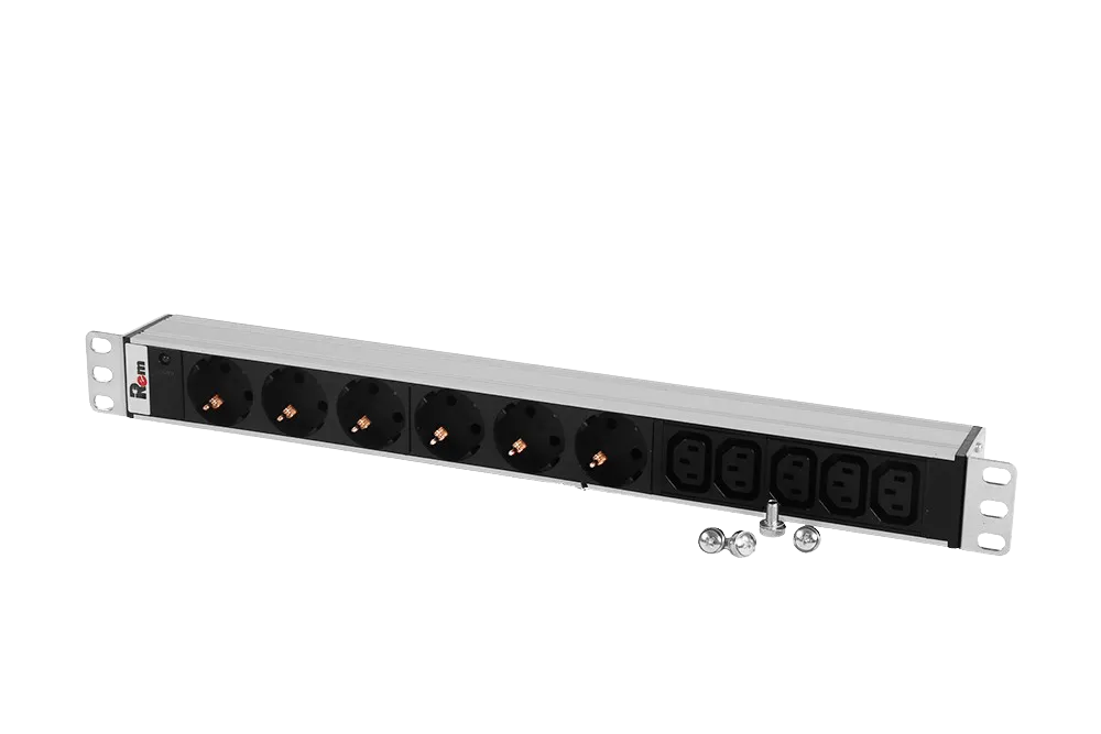 Блок розеток Rem-10 без шнура с инд., 6 Sсhuko, 5 IEC 60320 C13, вход IEC 60320 C14, 10A, алюм., 19"