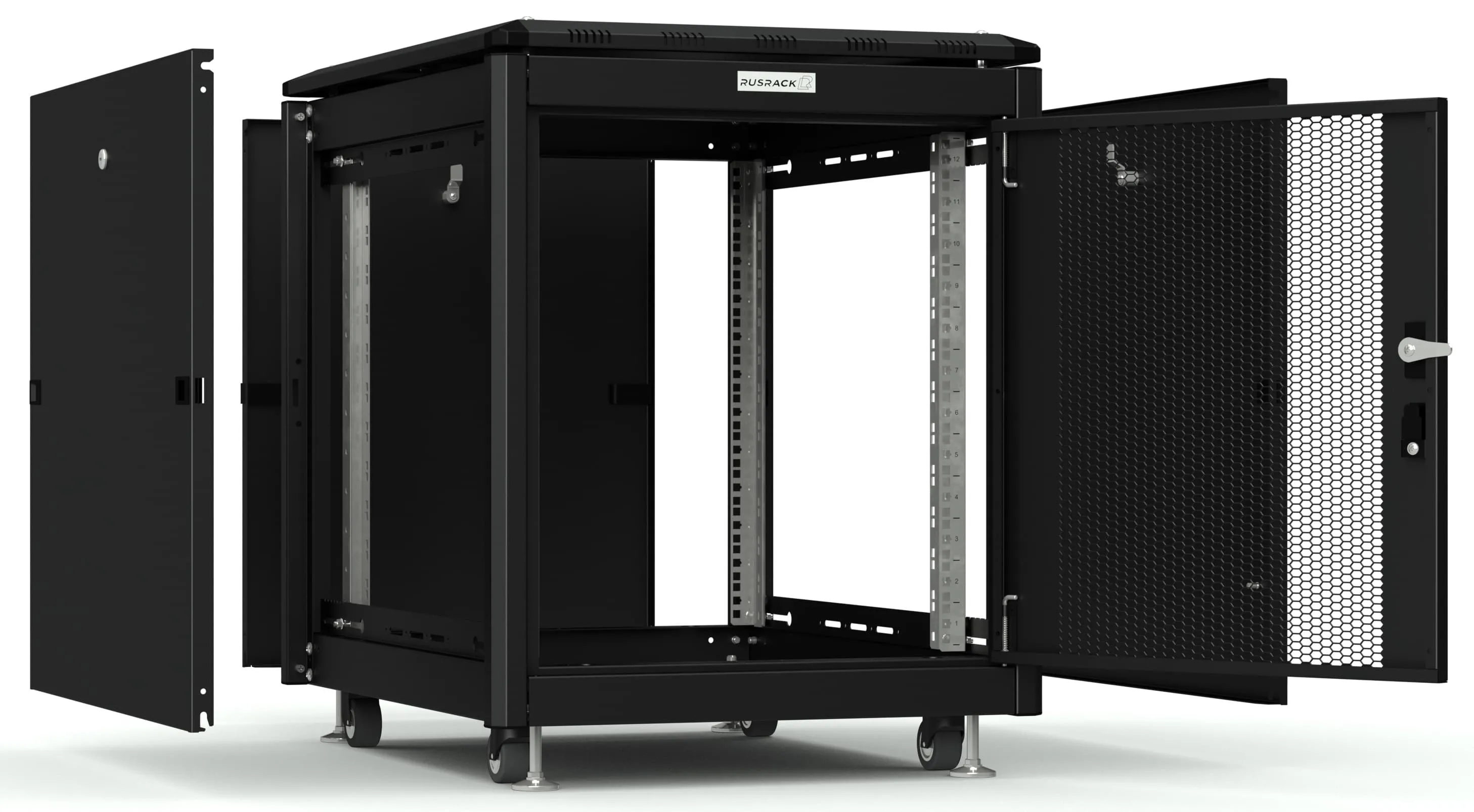 RUSRACK напольный 12U 600х800, черный, перф. дверь RUSRACK напольный 12U 600х800, черный, перф. дверь