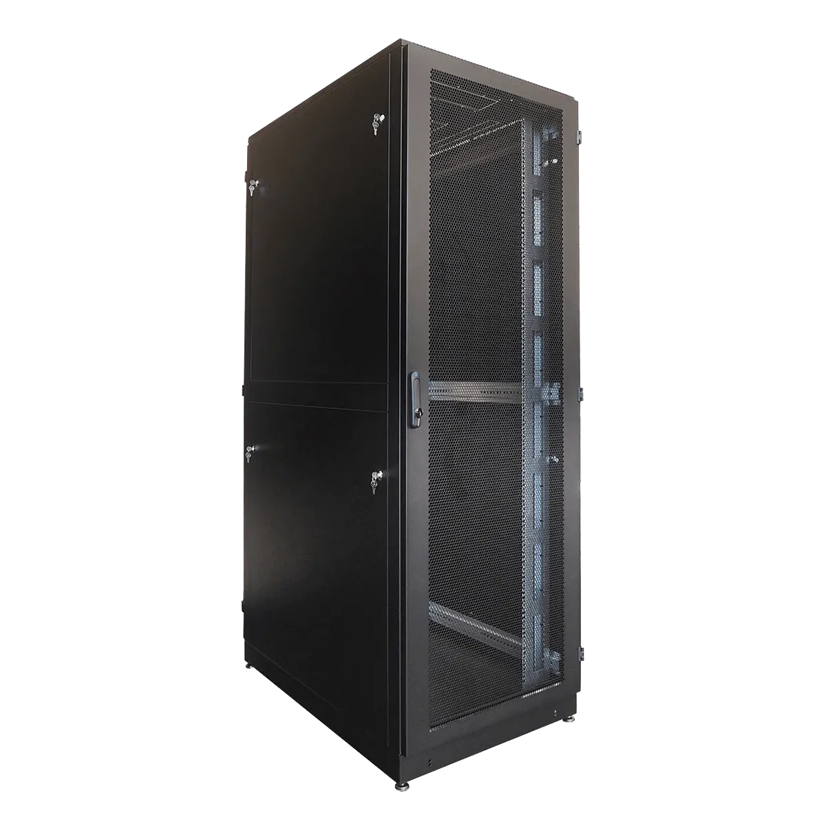 Шкаф серверный напольный 42U (800 × 1200) дверь перфорированная, задние двойные перф., цвет черный