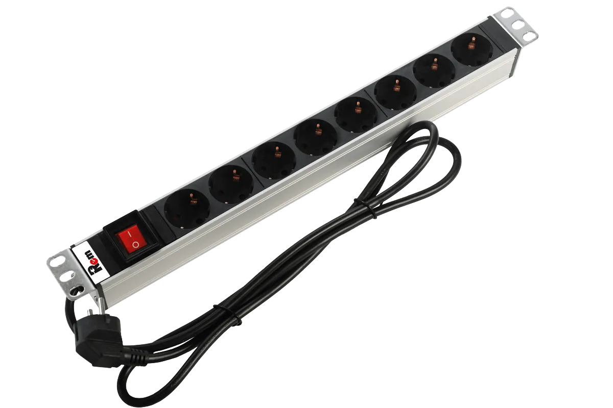Блок розеток Rem-16 с выкл., 8 Schuko, 16A, алюм., 19", шнур 3 м. Блок розеток Rem-16 с выкл., 8 Schuko, 16A, алюм., 19", шнур 3 м.