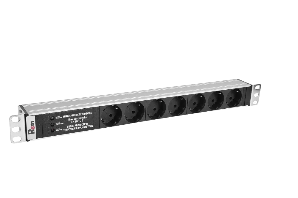 Блок розеток Rem-10 без шнура с фил. и инд., 7 Sсhuko, вход IEC 60320 C14, 10A, алюм., 19"