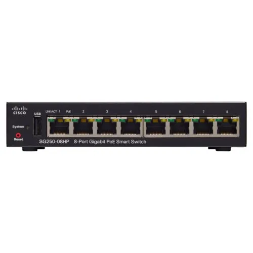 Коммутатор Cisco SG250-08 SG250-08-K9-EU (1000 Base-TX (1000 мбит/с), Без SFP портов)