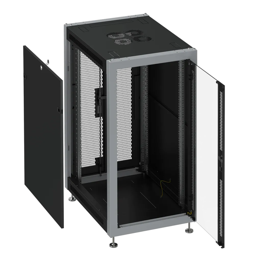 SYSMATRIX SL 6627.914 Шкаф монтажный телекоммуникационный 19" напольный 27U 600x600x1330mm (ШхГхВ) передняя дверь стекло, задняя дверь двухстворчатая перфорированная, поворотная ручка с замком, цвет черный (RAL 9004/RAL 7000)