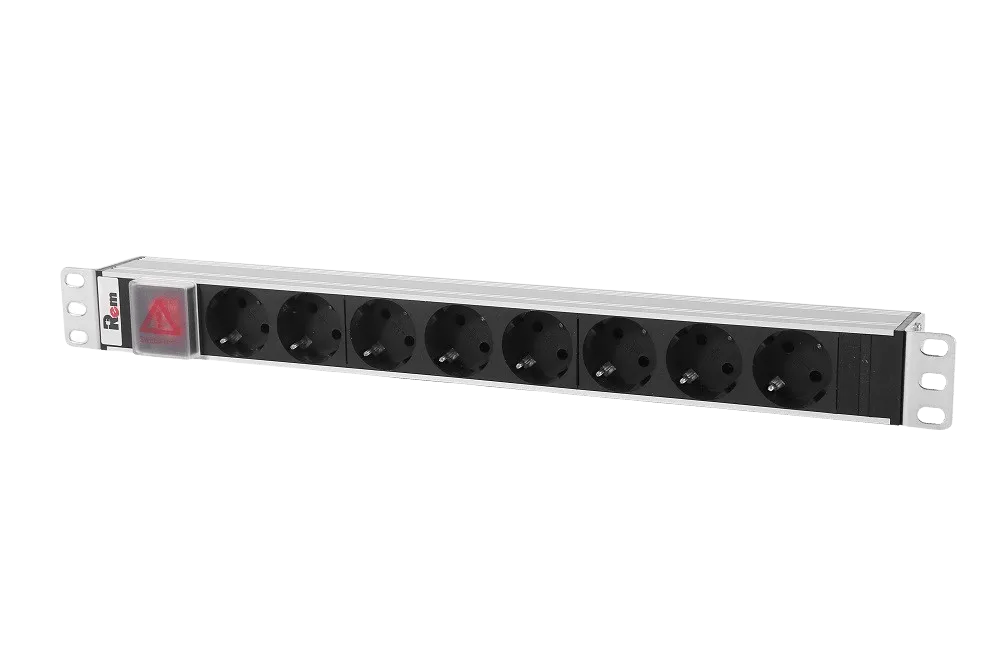 Блок розеток Rem-10 без шнура с выкл., 8 Sсhuko, вход IEC 60320 C14, 10A, алюм., 19"