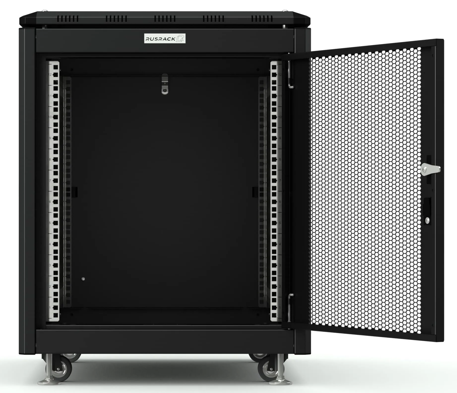 RUSRACK напольный 12U 600х800, черный, перф. дверь RUSRACK напольный 12U 600х800, черный, перф. дверь