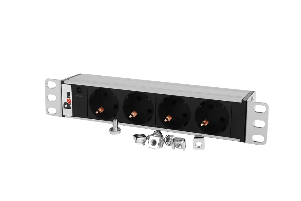 Блок розеток Rem-10 без шнура с инд., 4 Sсhuko, вход IEC 60320 C14, 10A, алюм., 10"