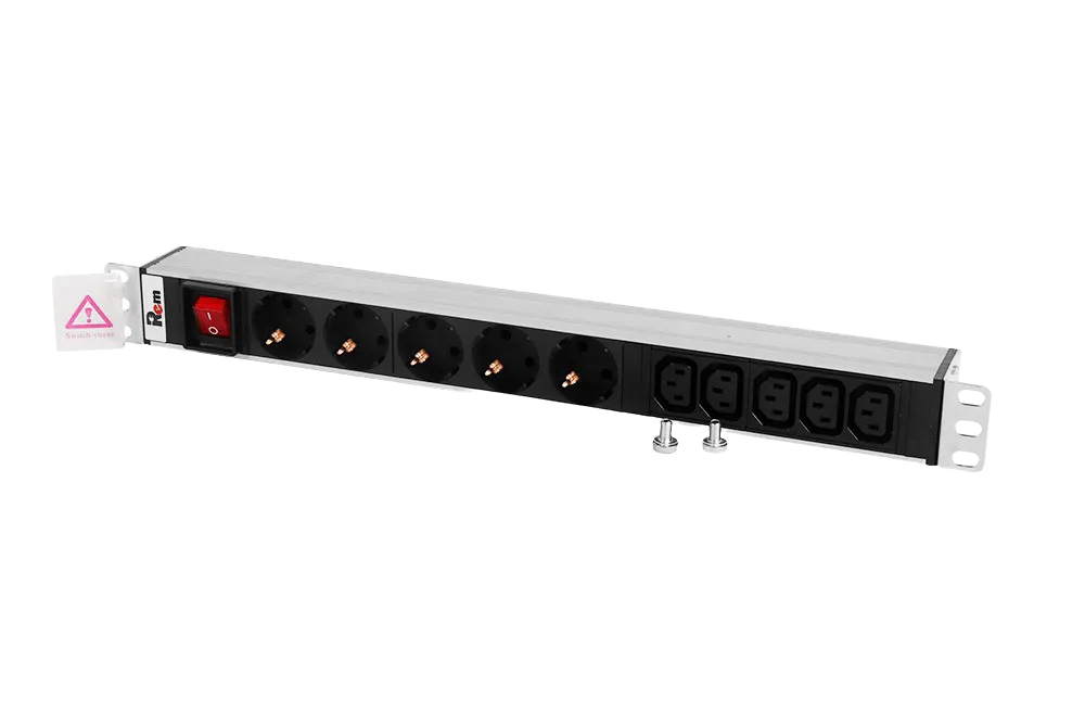 Блок розеток Rem-10 без шнура с выкл., 5 Sсhuko, 5 IEC 60320 C13, вход IEC 60320 C14, 10A, алюм., 19
