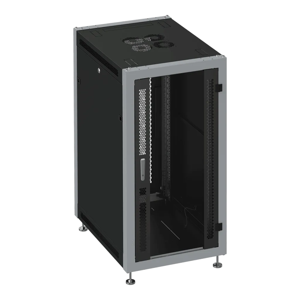SYSMATRIX SL 6618.914 Шкаф монтажный телекоммуникационный 19" напольный 18U 600x600x935mm (ШхГхВ) передняя дверь стекло, задняя дверь двухстворчатая перфорированная, поворотная ручка с замком, цвет черный (RAL 9004/RAL 7000)